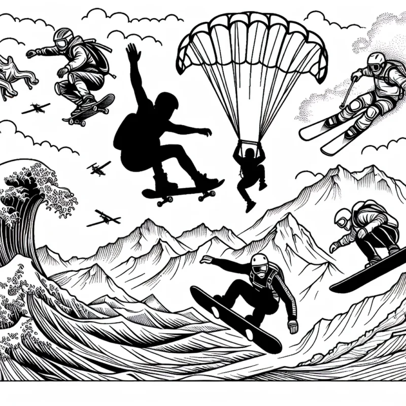 Sur ta page blanche, imagine et dessine des sportifs bravant les éléments et repoussant leurs limites dans différents sports extrêmes. Du skateboarder sautant sur des rampes, aux surfeurs chevauchant d'énormes vagues, en passant par le saut en parachute, l'escalade sur de vertigineuses montagnes et le snowboarder glissant sur des pentes enneigées.