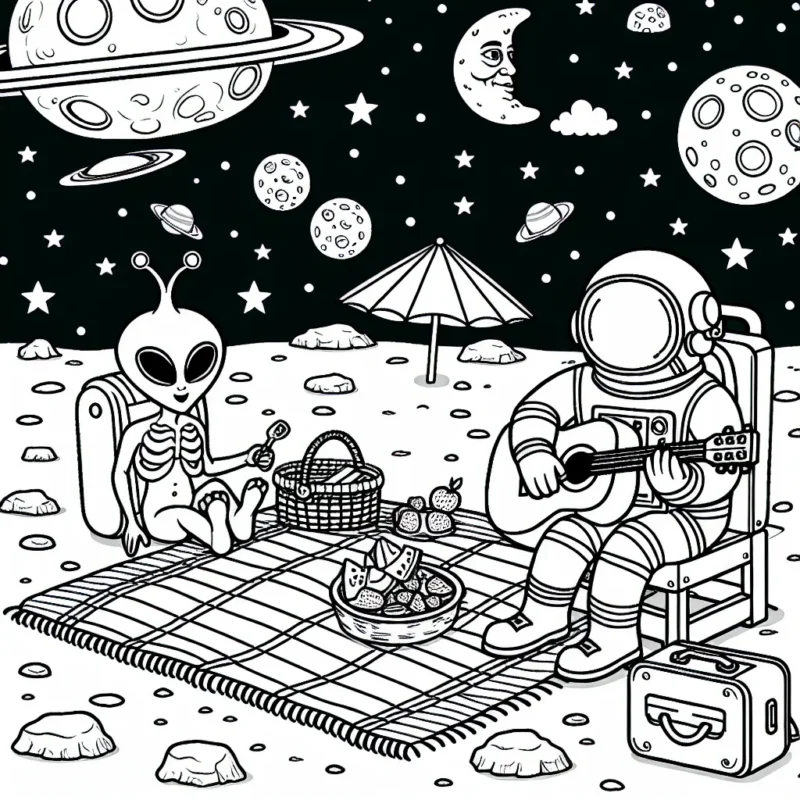 Un astronaute en train de faire un pique-nique sur la Lune avec un extraterrestre vert qui joue de la guitare