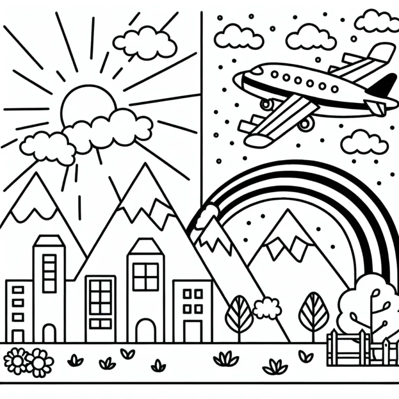 Dessine un avion de ligne survolant une ville ensoleillée, avec en arrière-plan des montagnes enneigées et un arc-en-ciel