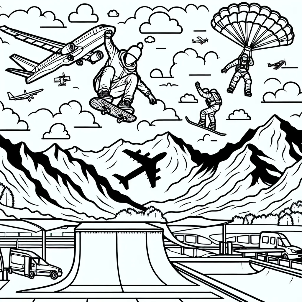 Dessine un skateboarder exécutant une figure acrobatique dans un immense skatepark, entouré par des avions faisant du Wingsuit à travers les nuages. Ajoute des montagnes recouvertes de neige comme arrière-plan où des snowborder freestyle descendent en effectuant des tricks impressionnants.