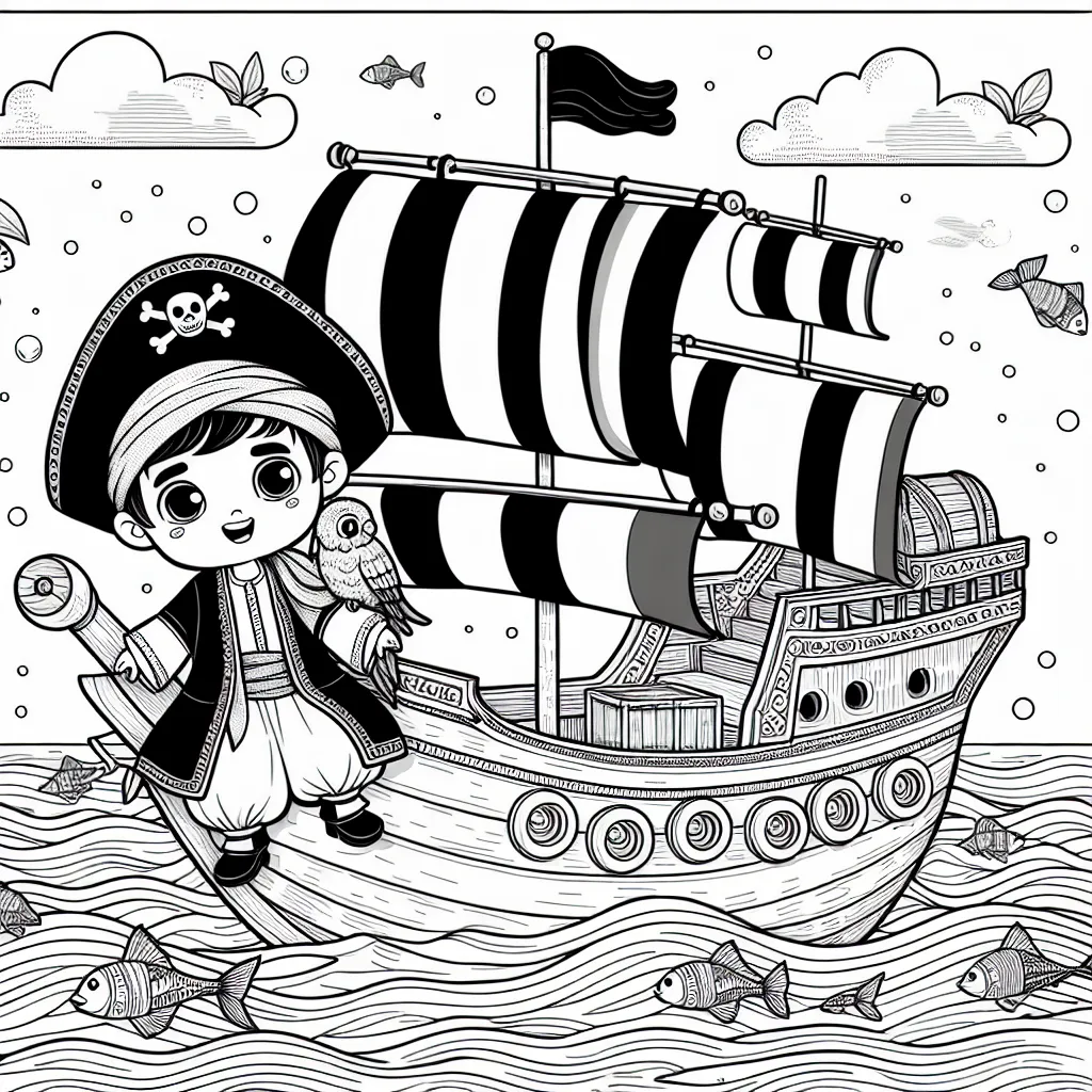 Un petit garçon pirate vogue sur l'océan sur son grand bateau, avec un perroquet coloré sur son épaule. Il a une carte au trésor à la main, et dans l'eau tout autour, tu peux voir les poissons, l'océan et un trésor.