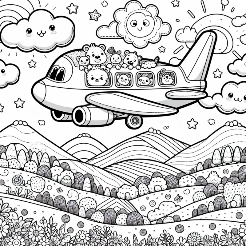 Un grand avion survole un paysage ensoleillé et diversifié, que ce soit des montagnes lointaines, des forêts vertes et des champs de fleurs. Sur l'avion, d'adorables animaux en forme de cartoon regardent par les fenêtres et saluent. Il y a aussi beaucoup d'étoiles et de nuages autour de l'avion.