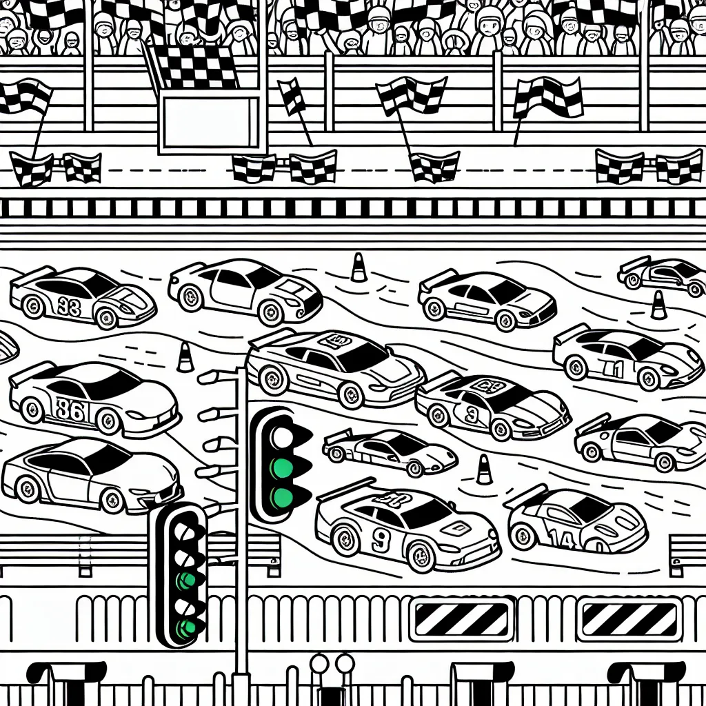 Dessine une grande course de voitures avec de nombreuses voitures de différentes formes et tailles sur une piste de course. N'oublie pas de colorer les feux de signalisation, les supports de publicité tout autour de la piste et les spectateurs dans les gradins.