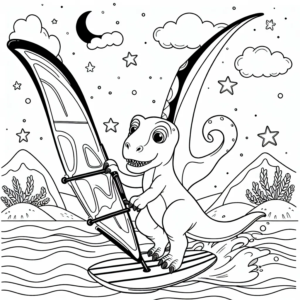 Dans un monde fantastique, un dinosaure qui fait de la planche à voile