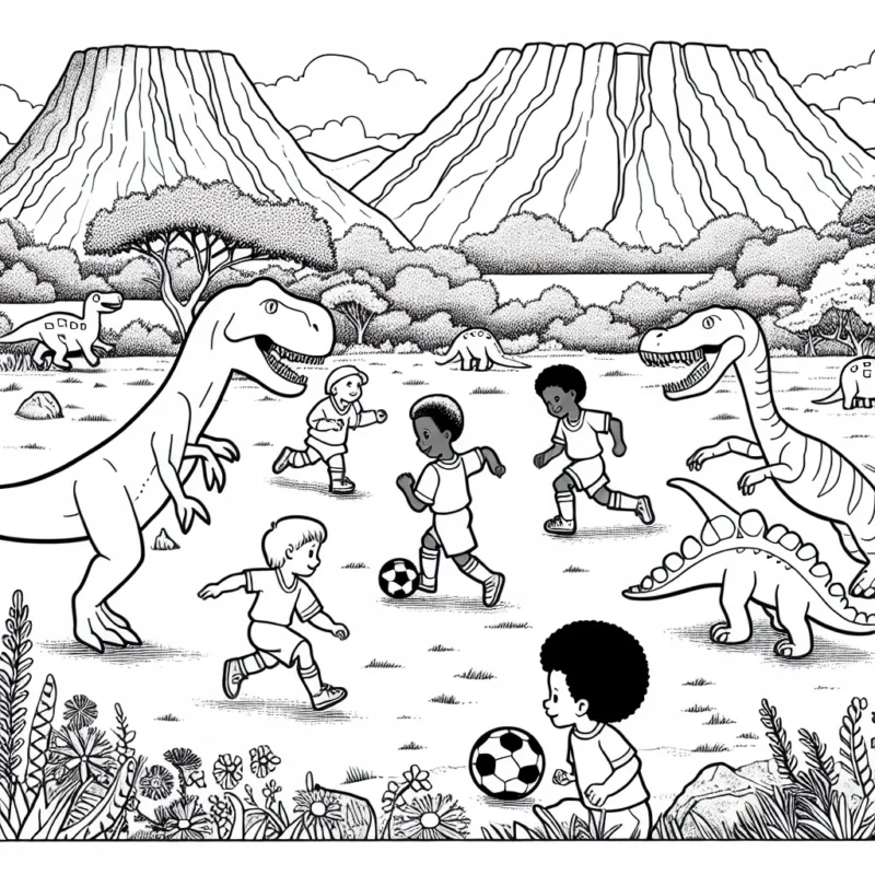 Une scène imaginaire avec des dinosaures sympas et amicaux jouant au football avec des enfants dans un pré-historique paysage volcanique