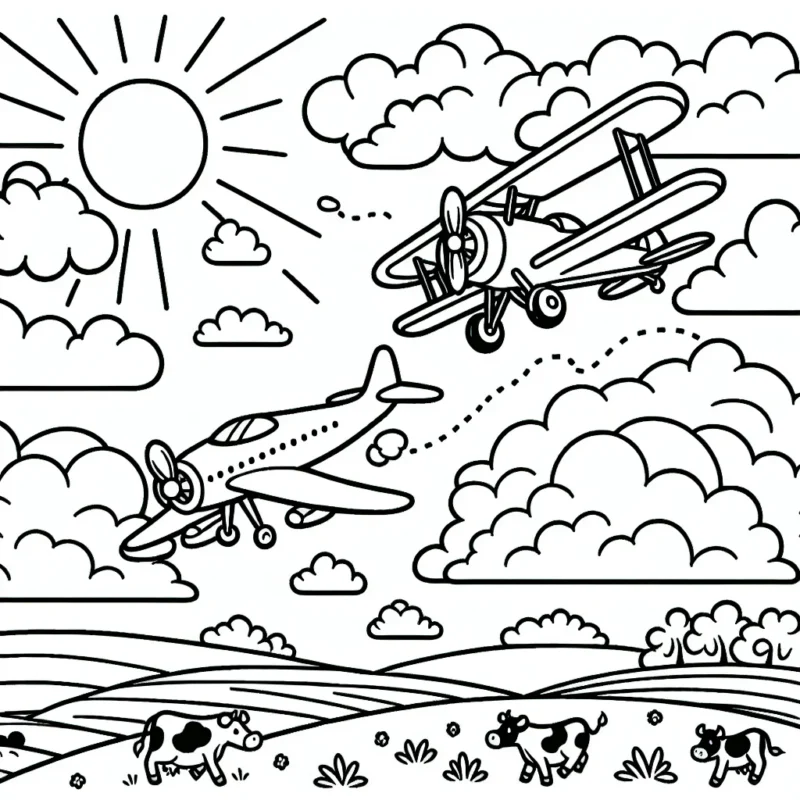 Trace deux avions virevoltant dans les nuages, le premier est un jet rapide et le second est un biplan classique. Ils jouent à se poursuivre entre les nuages sous un grand soleil. N'oublie pas de dessiner un peupleux champ vert avec des vaches qui les regardent passer depuis le sol.