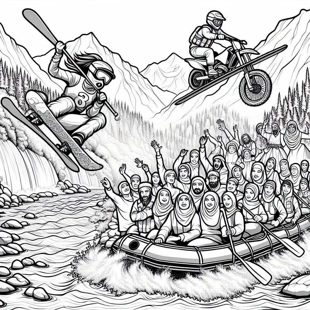 Imagine un cadre montagneux majestueux avec des skieurs et des snowboardeurs exécutant des figures audacieuses dans l'air. Un dirt biker franchit un saut audacieux sur un sentier rocheux, tandis qu'une équipe de rafters braves les rapides tumultueux d'une rivière sauvage en bas