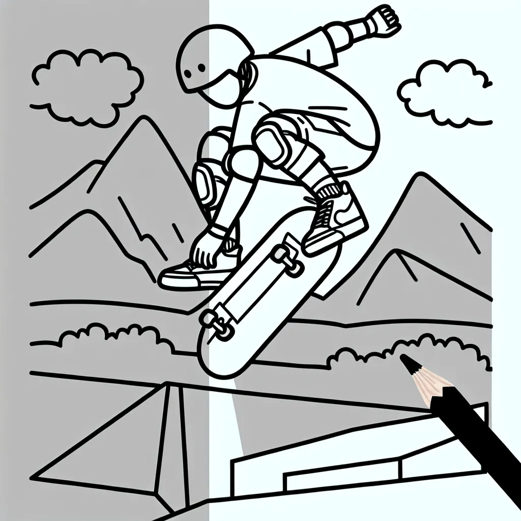 Dessine un skateur effectuant un saut incroyable au-dessus d'une rampe, avec des montagnes en arrière-plan. N'oublie pas d'ajouter un casque et des genouillères pour sa sécurité!