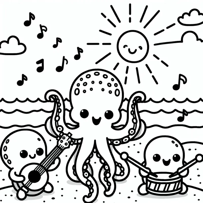 La bande de Musiciens Octopi sur une Plage aux joyeuses Mélodies!