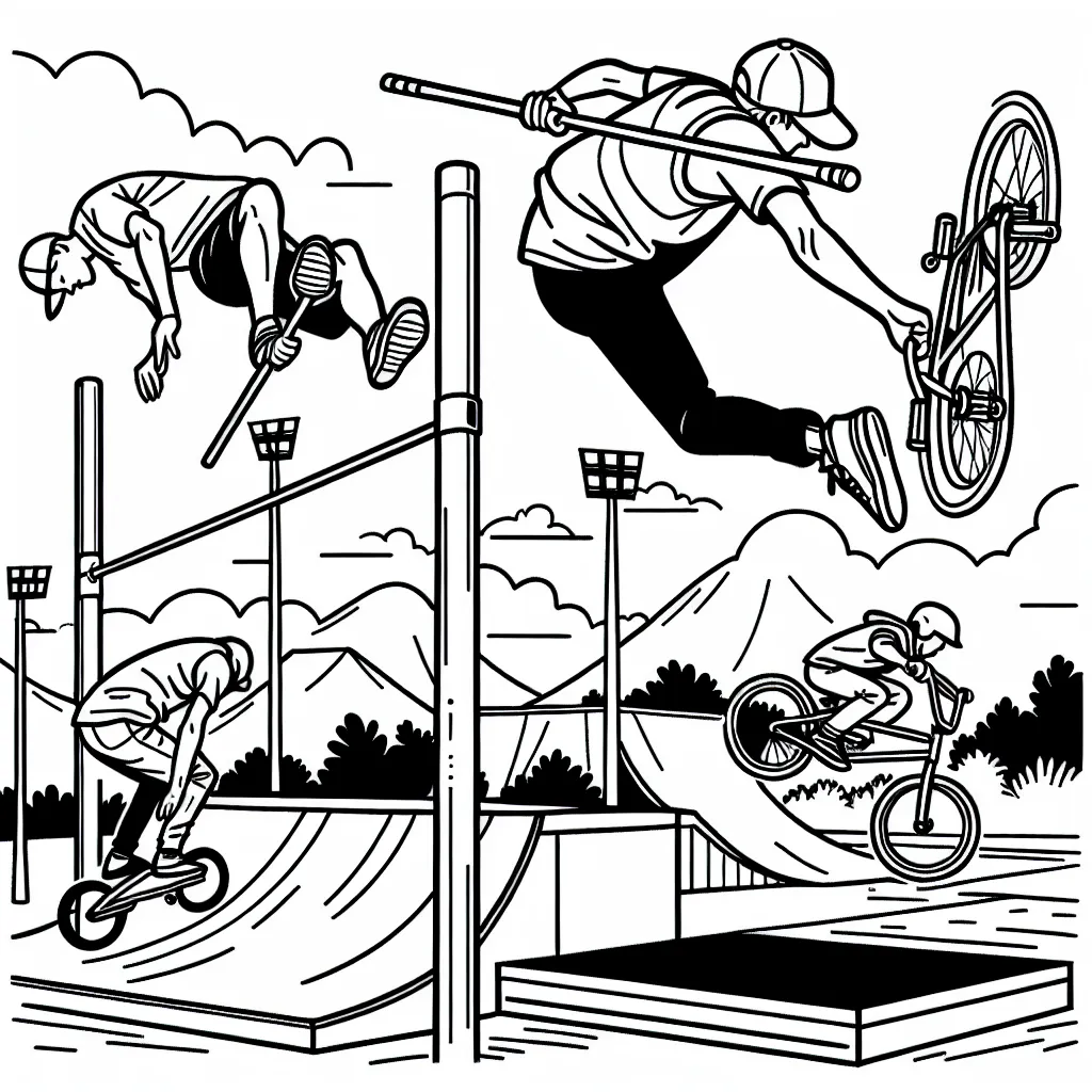 Un scénario de sports extrêmes comprenant du saut à la perche, du skateboard et du BMX