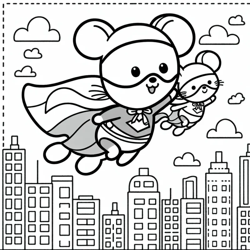 Un dessin montrant une petite souris vêtue d'un costume de super-héros, volant au-dessus de la ville.