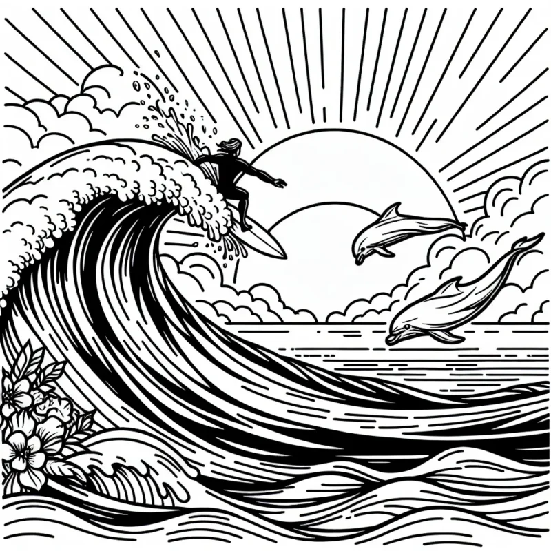 Dessine un surfeur chevauchant une énorme vague dans l'océan, avec des dauphins qui sautent à proximité. Le soleil se couche à l'horizon, créant un spectacle de couleurs vibrantes dans le ciel.