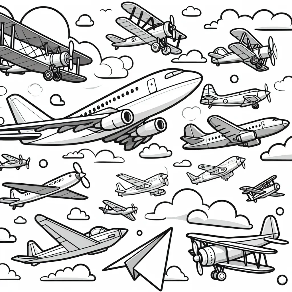 Dessine un ciel animé d’avions de différentes tailles, formats et époques; des avions à hélice du début du siècle dernier, aux impressionnants jets modernes, sans oublier l’avion de papier qui flotte joyeusement aux côtés des géants.