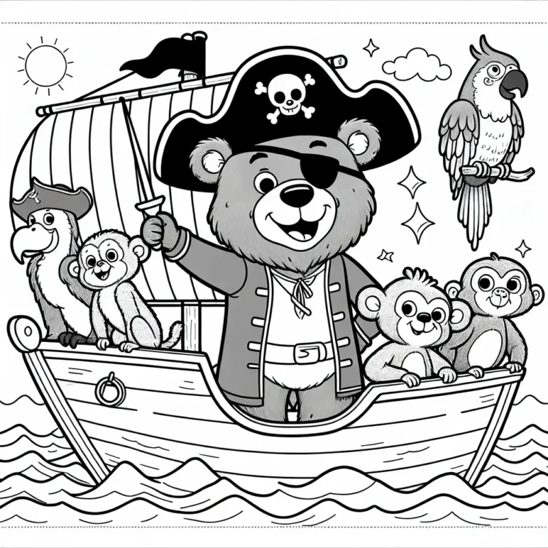 Capitaine Ours sur son bateau pirate, naviguant sur la mer avec ses amis animaux de la jungle.