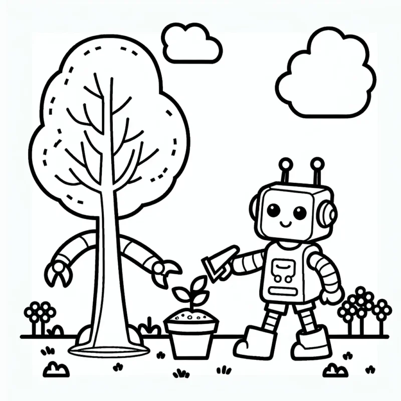 Petit garçon aidant un robot à planter des arbres dans un parc