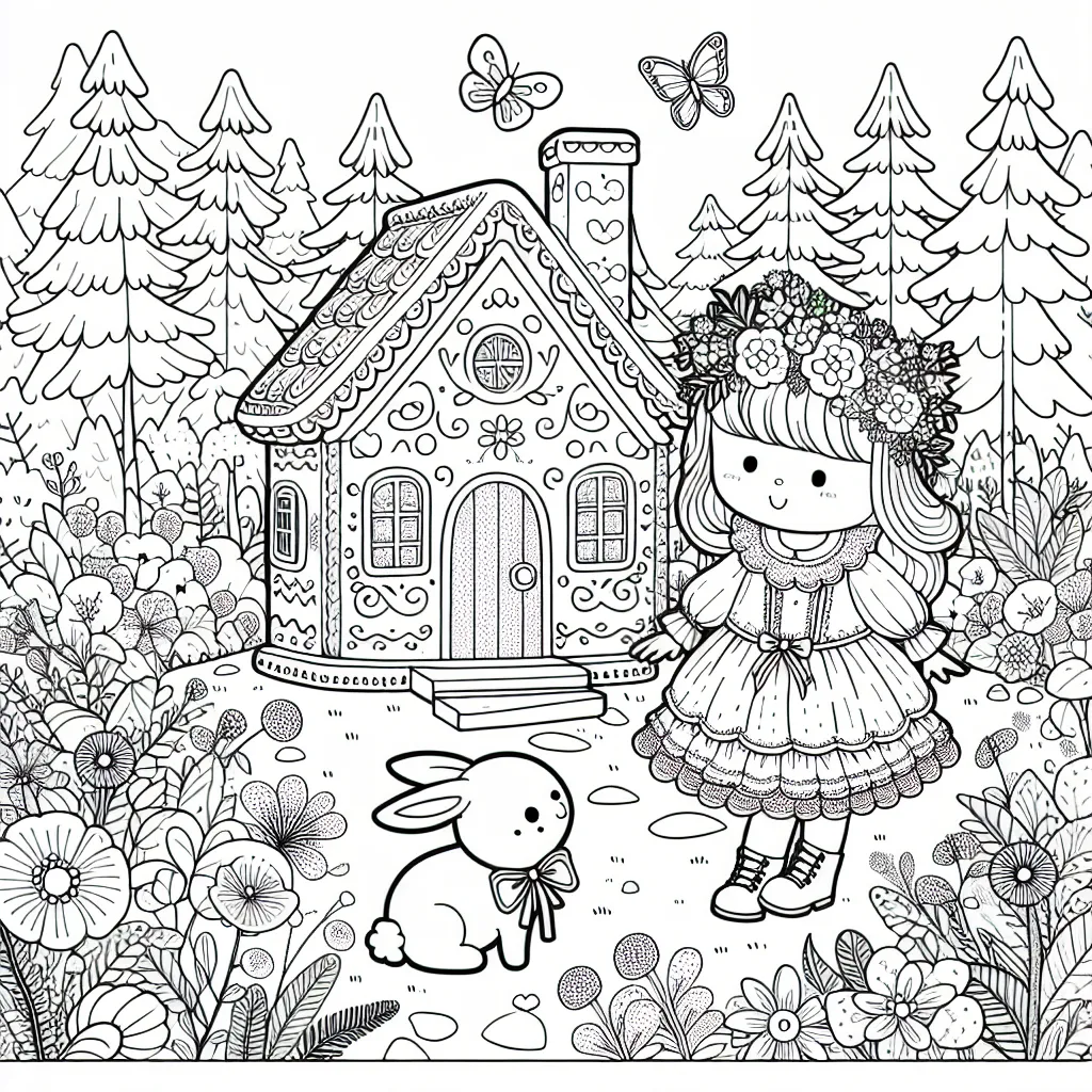 Dans une petite maison en pain d'épices cachée au fond des bois, une petite fille avec son lapin blanc s'amuse joyeusement. La petite fille porte une belle robe à volants et un chapeau de fée, tandis que son fidèle lapin a un ruban autour du cou. Autour d'eux, un jardin secret rempli de fleurs colorées et papillons.