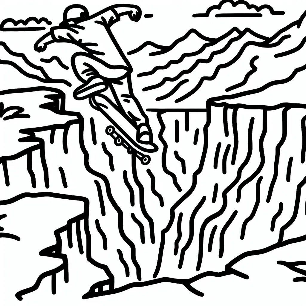 Conçois un dessin représentant un skateur faisant un saut audacieux par-dessus un canyon dans un paysage montagneux.