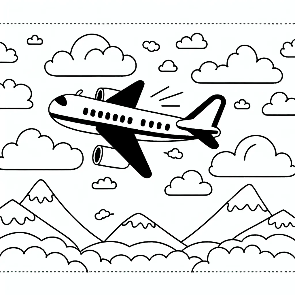 Une image à colorier présente un avion en plein vol, traversant un ciel rempli de nuages avec des montagnes en arrière-plan. L'avion a des ailes larges et une queue, avec des fenêtres pour les passagers. Il y a aussi un pilote visible dans le cockpit.