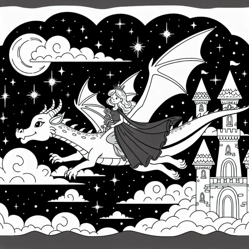 Une magnifique princesse vole sur un dragon à travers un ciel étoilé, passant devant un château éclairé par la lune.