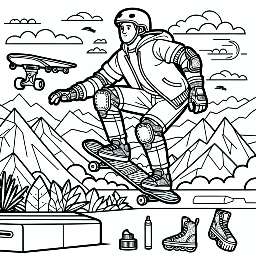 Imaginer un sportif en action, faisant du skateboard sur une rampe avec des montagnes et le ciel en arrière-plan. Le personnage vêt d'une tenue de sport décontractée, complet avec casque, protège-genoux et coudières. Il y a aussi d'autres équipements de sports extrêmes dans le fond à colorer.