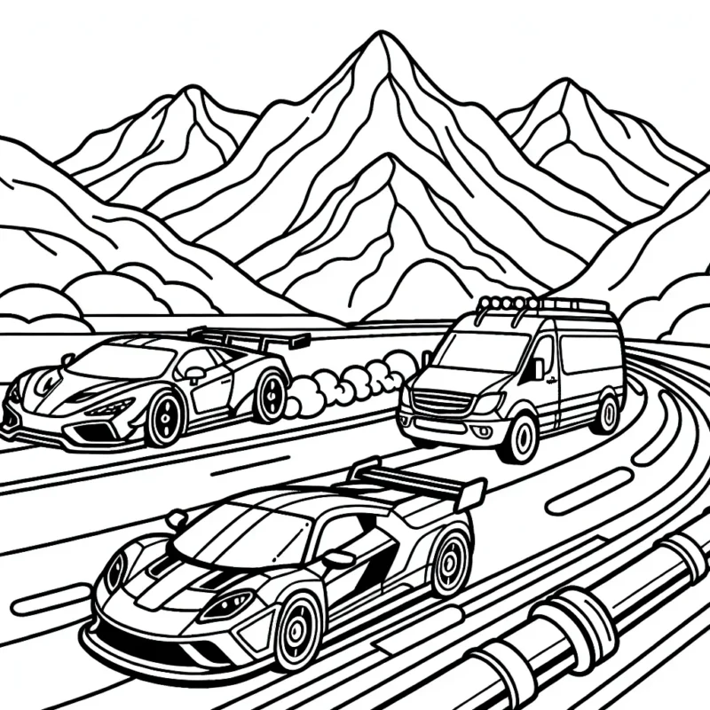 Dessine une course effrénée entre une voiture de sport, une camionnette et un véhicule futuriste sur une piste avec des montagnes en arrière-plan.