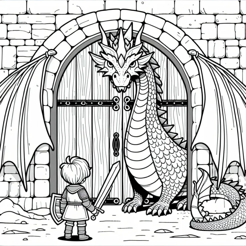 Un jeune garçon se tient devant une immense porte de château médiéval gardée par un dragon imposant. Le garçon, un courageux chevalier en devenir, est armé de son épée en bois et de son bouclier de fortune. Le dragon, brillant de toutes ses écailles, semble plus curieux qu'effrayant.