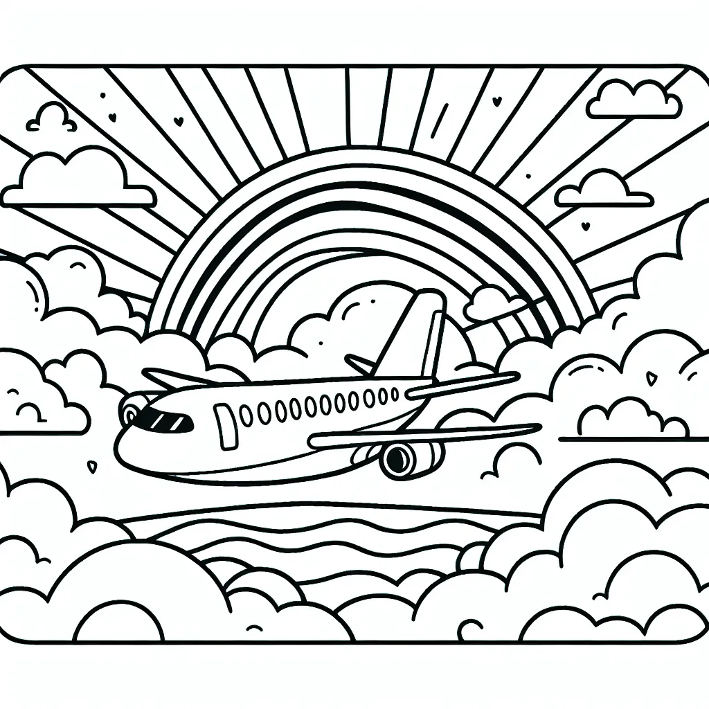 Dessine un avion volant au-dessus des nuages pendant un coucher de soleil magnifique, avec un arc-en-ciel dans le ciel. N'oublie pas d'inclure le pilote à travers le hublot!