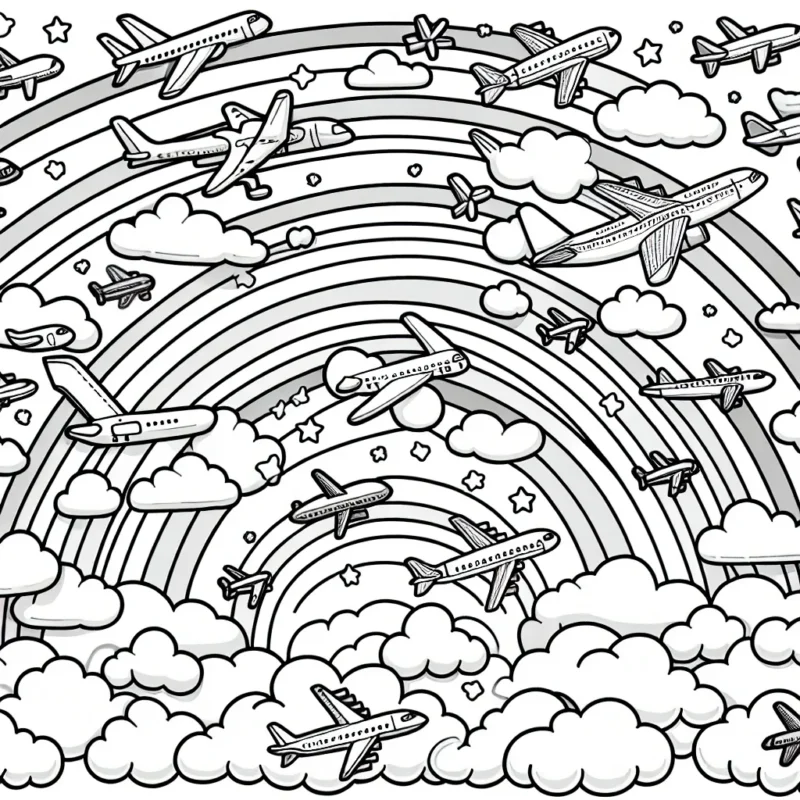 Le ciel est rempli de multiples avions avec des designs variés offrant une grande possibilité de couleurs. Il y a aussi des nuages détaillés et un grand arc-en-ciel traversant le ciel. Vos couleurs donneront vie à ce tableau en plein vol.