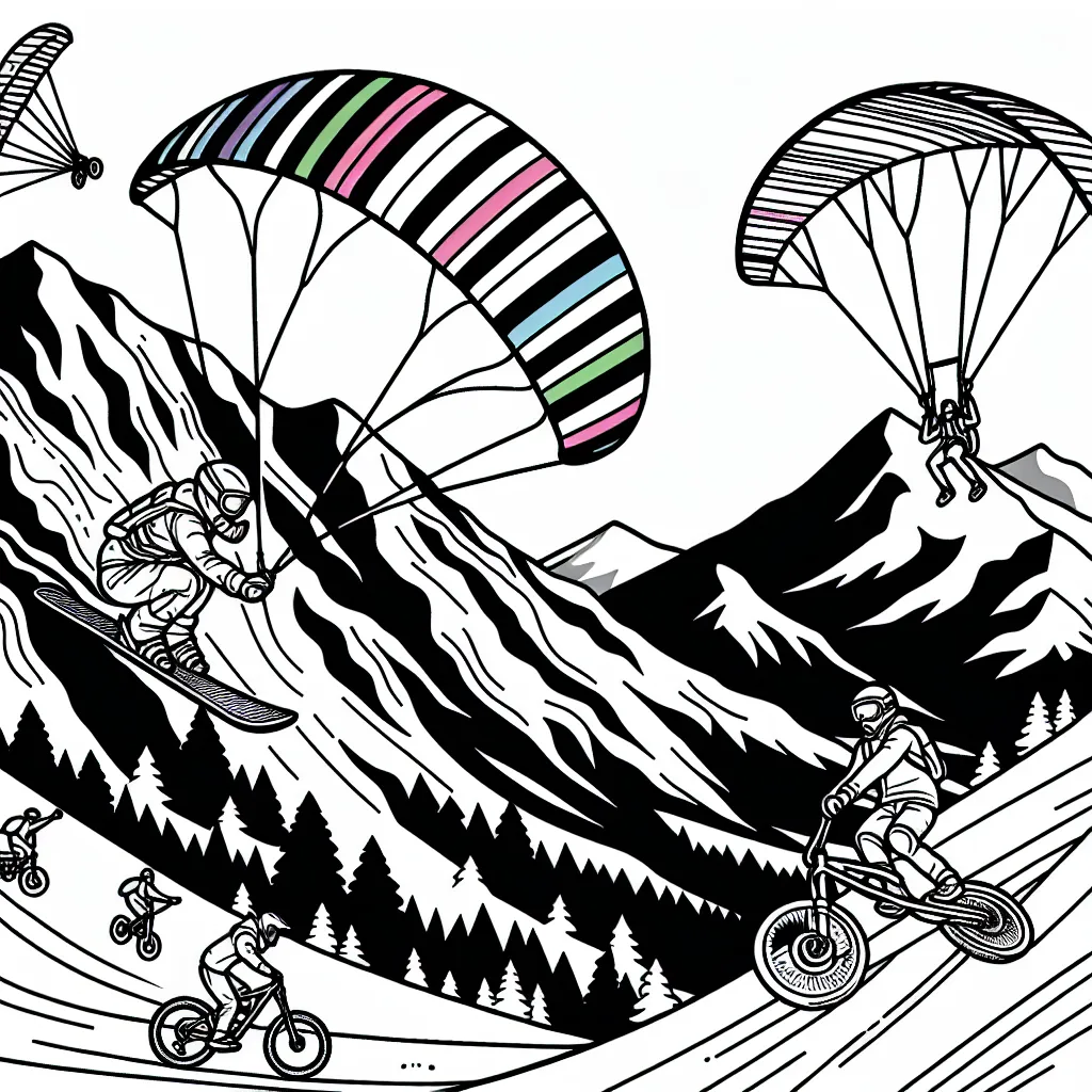 Imaginez un saut à ski extrême avec des montagnes en arrière-plan. Parapentes colorés volant dans le ciel. Un snowboarder dévalant une piste abrupte. Un grimpeur suspendu à une falaise verticale. VTTistes prenant de la vitesse sur un parcours rocheux.