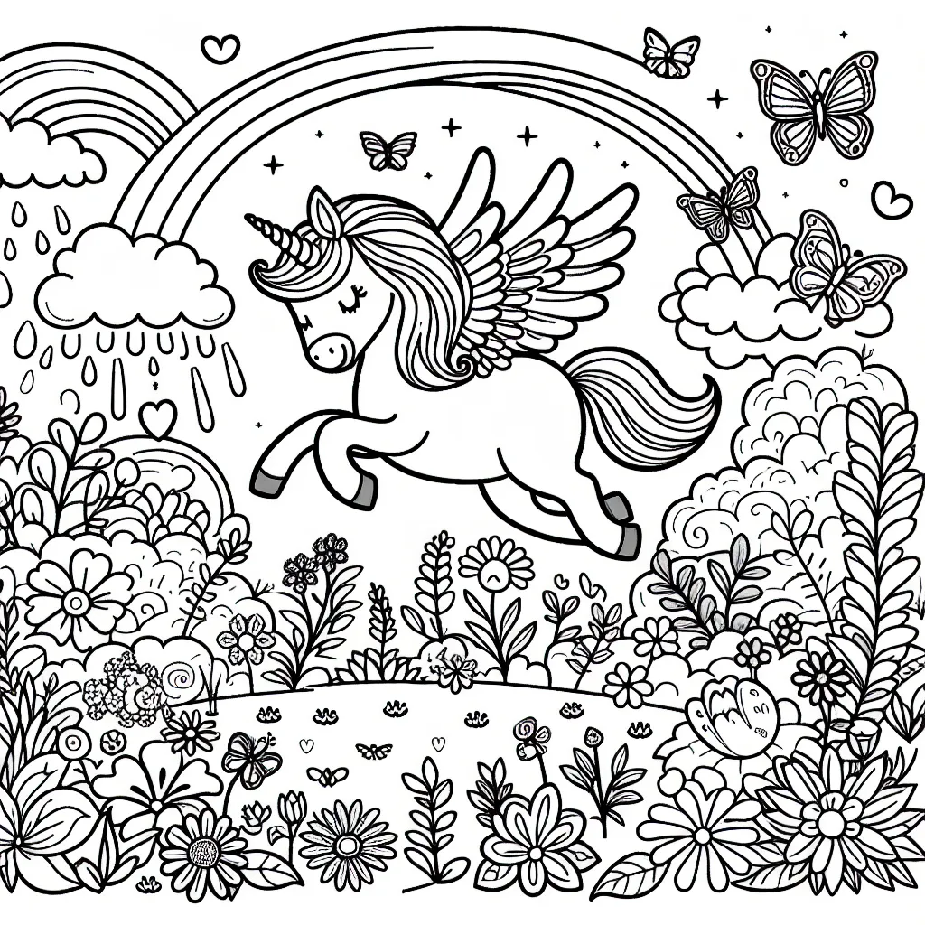 Dans ce dessin plein de magie, on découvre une adorable licorne ailée qui gambade joyeusement dans un jardin enchanteur. Des fleurs de toutes sortes, des papillons et des arcs-en-ciel sont aussi présents pour ajouter une touche de couleur et de féerie. Les enfants peuvent laisser libre cours à leur imagination pour donner vie à cette scène merveilleuse.