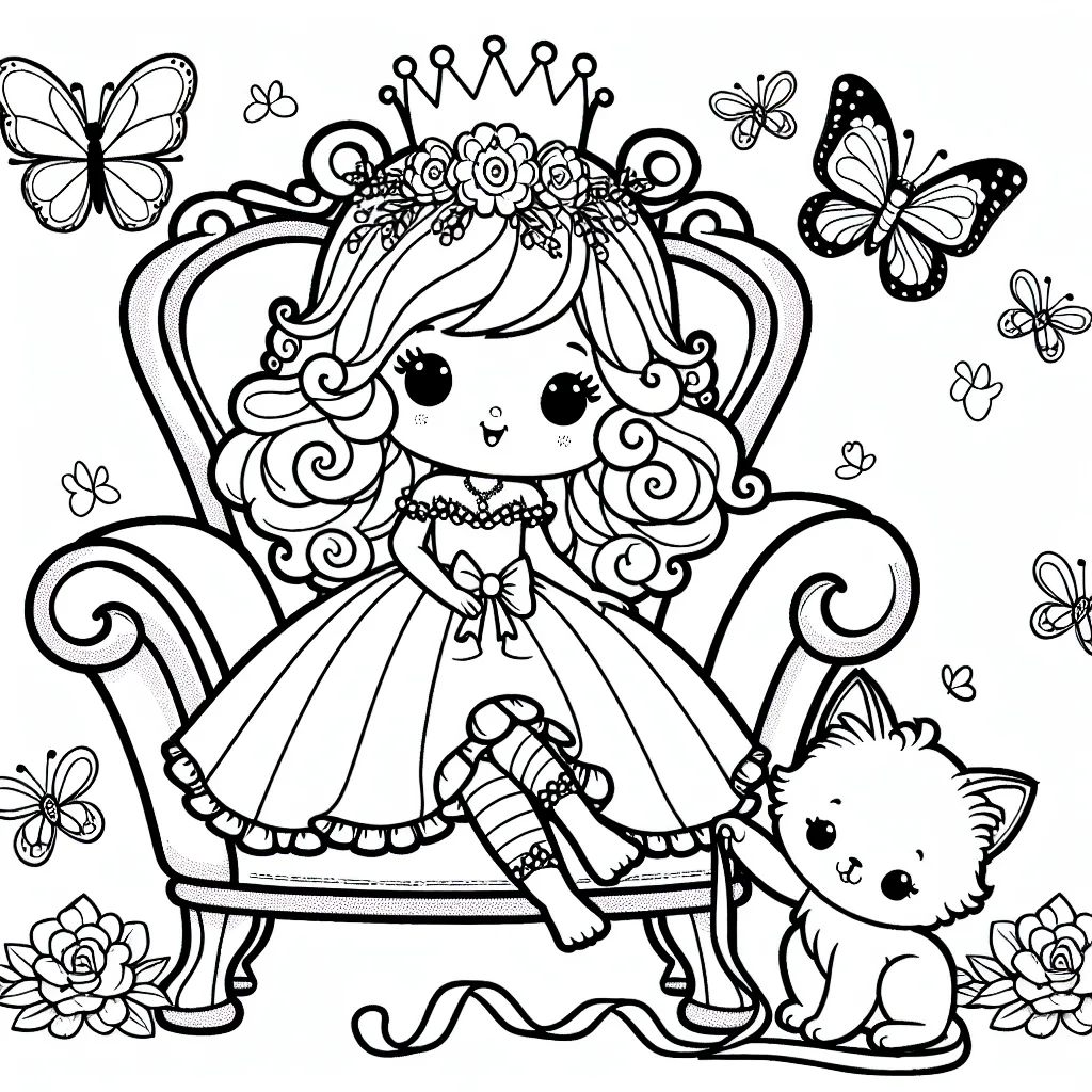 Une princesse aux cheveux bouclés est assise sur un trône doré en forme de fleur, avec un chaton à ses pieds qui joue avec les rubans de sa robe. Papillons et oiseaux chantent autour d'elle.