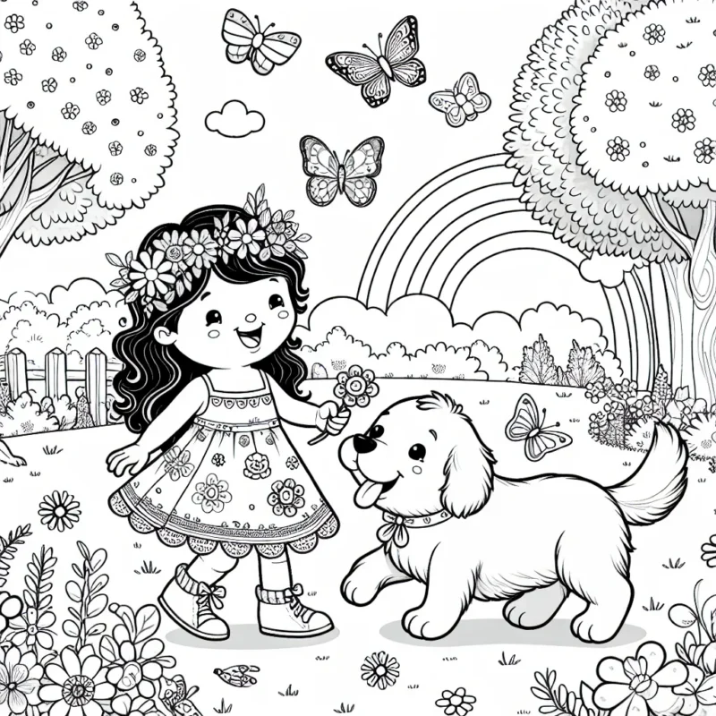 C'est une scène joyeuse d'une petite fille jouant avec son chien loyal dans un parc sur une belle journée d'été. Elle porte une robe d'été avec des fleurs et des papillons. Le chien, un golden retriever, est actif et enjoué. Le parc est rempli de beaux arbres, de fleurs et d'oiseaux participant à la mélodie de l'été. Il y a aussi un arc-en-ciel éclatant dans le ciel.