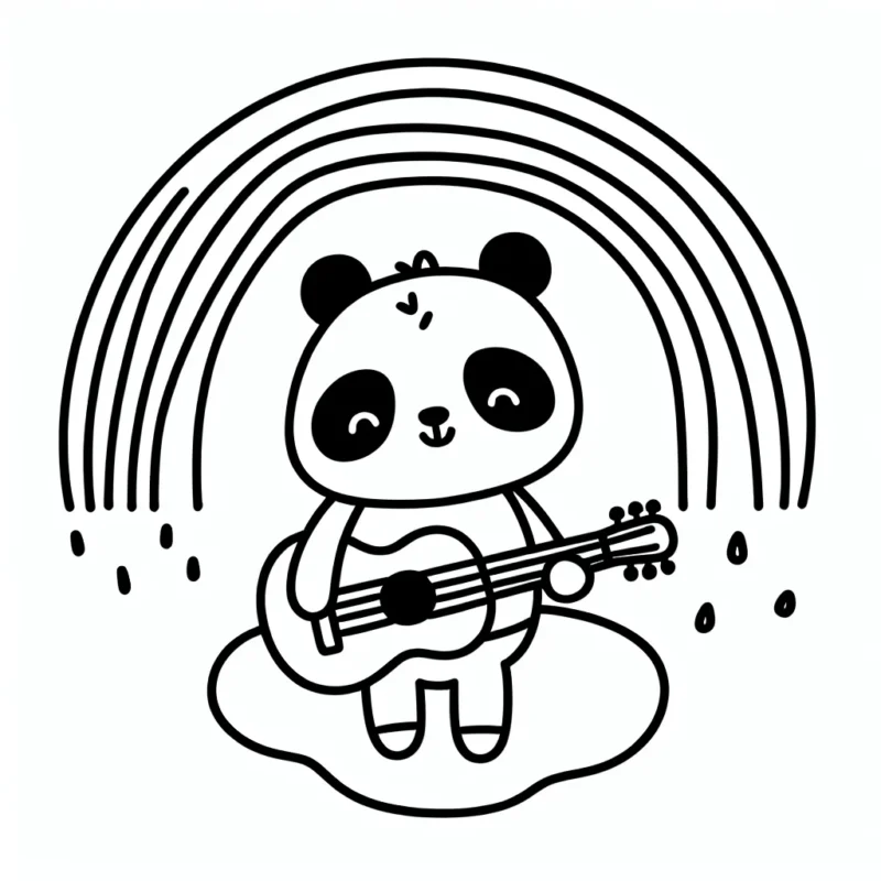 Un adorable petit panda qui joue de la guitare sous un arc-en-ciel