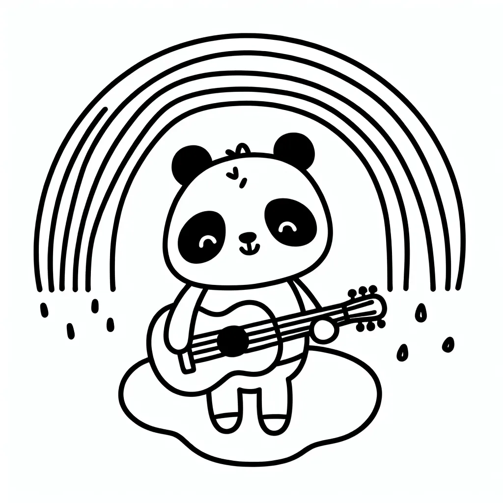 Un adorable petit panda qui joue de la guitare sous un arc-en-ciel