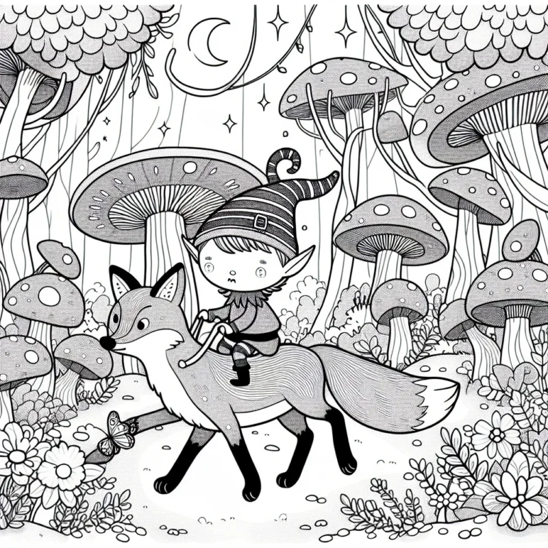 Imaginez un lutin coquin chevauchant un renard rouge dans une forêt mystique remplie de champignons géants, de fleurs étincelantes et d'arbres biscornus.