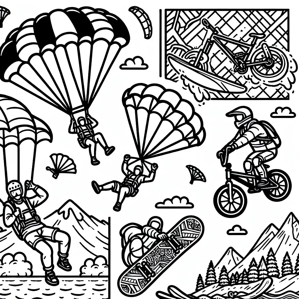 Diverses scènes de sports extrêmes tels que le saut en parachute, le surf, le BMX, le snowboard et l'escalade pour enfants à colorier