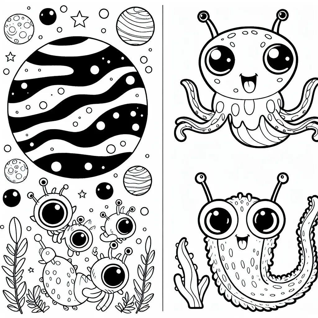 Dessine une planète inconnue haute en couleur peuplée de drôles de créatures extraterrestres