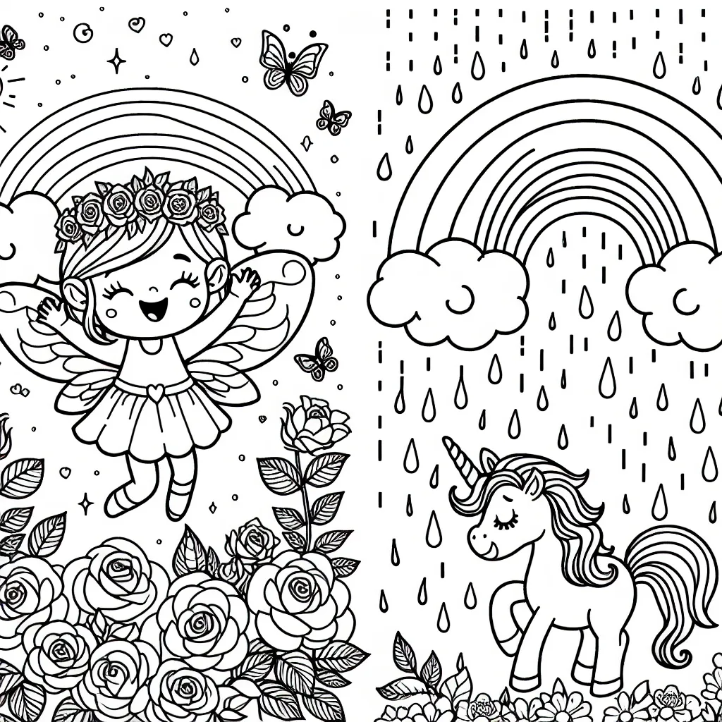 Une petite fée se réjouit pendant qu'elle flotte dans un jardin de roses colorées. Dans le ciel, un arc-en-ciel décore l'horizon avec le spectacle d'une pluie de confettis tout autour. À côté, une licorne avec une crinière de flamboyant couleurs se prépare à décoller.