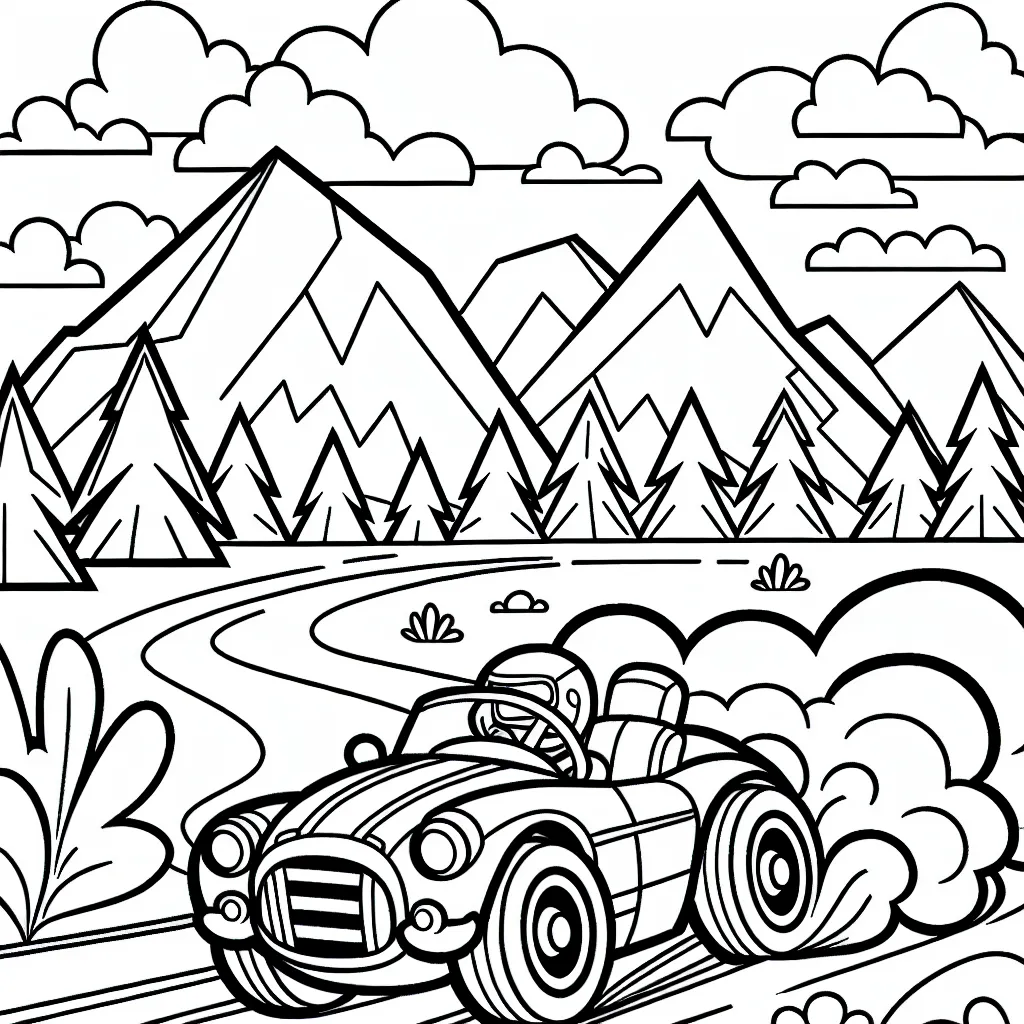 Coloriage d'une course de voitures animées à travers un paysage de montagne