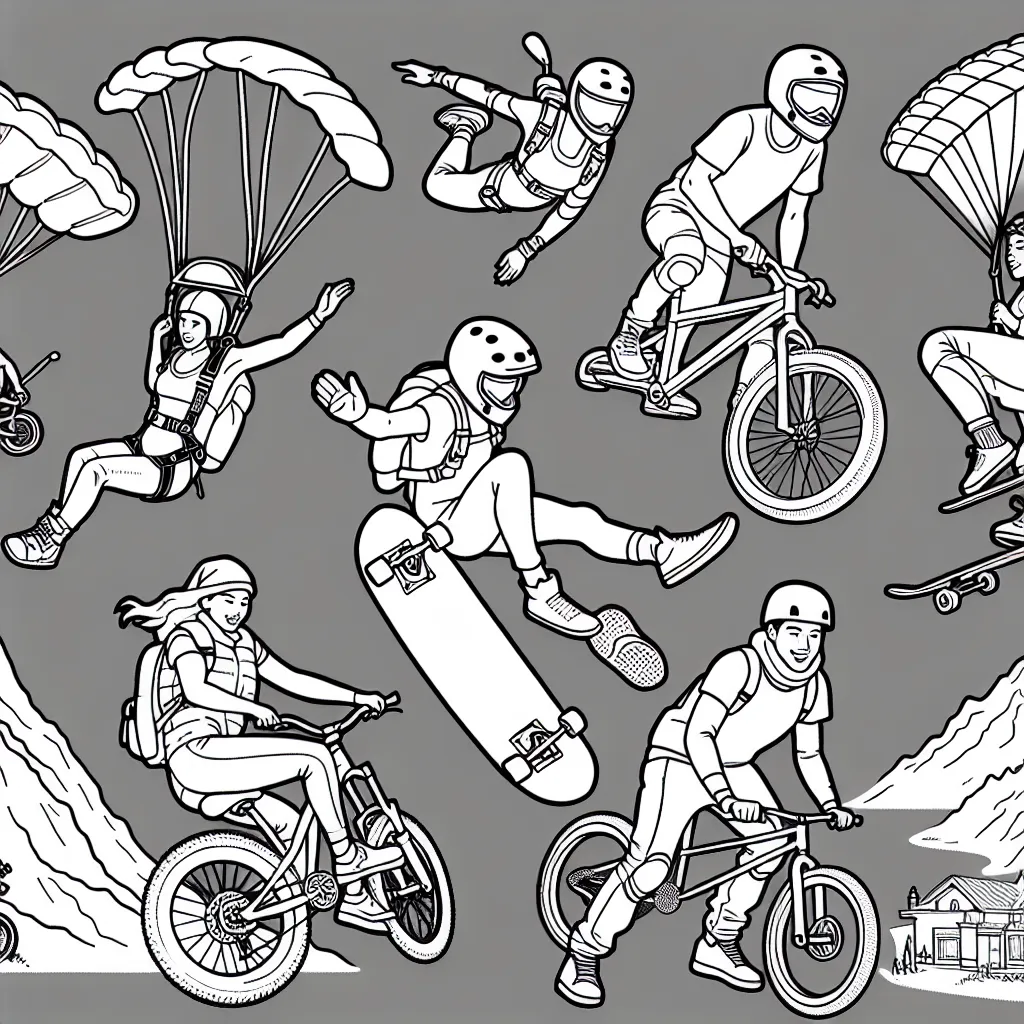 Imagine un dessin représentant des athlètes en train de pratiquer plusieurs sports extrêmes comme le parachutisme, le BMX, le skateboarding et l'escalade de montagne.