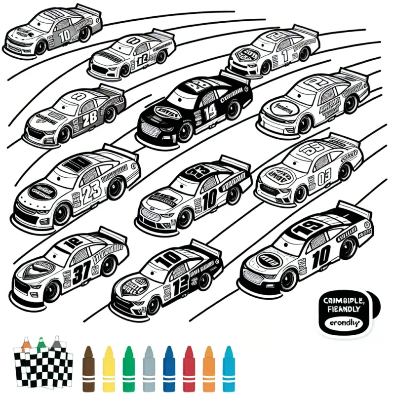 Un assortiment de voitures de différentes marques est aligné et prêt pour une course passionnante. Chaque voiture a son logo de marque bien en évidence. Les enfants peuvent-ils donner à chaque voiture la bonne couleur de sa marque?