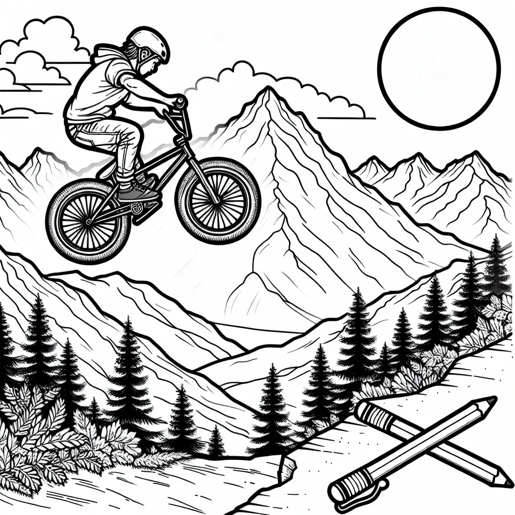 Dessine un cascadeur réaliser une acrobatie spectaculaire en VTT sur un terrain abrupte, avec des montagnes en arrière-plan.