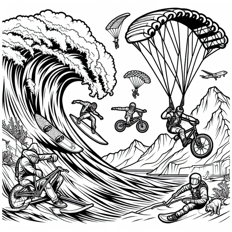 Sur cette page à colorier, tu découvriras plusieurs sports extrêmes à travers différents athlètes dans l'action. Tu auras la chance de colorier un surfeur qui ride une vague gigantesque, un parachutiste qui plonge du ciel, un BMX rider qui réalise un trick impressionnant dans un skate park, ainsi qu'un grimpeur qui tente d'escalader une falaise escarpée. Utilise tes couleurs préférées pour donner vie à ces scènes palpitantes !