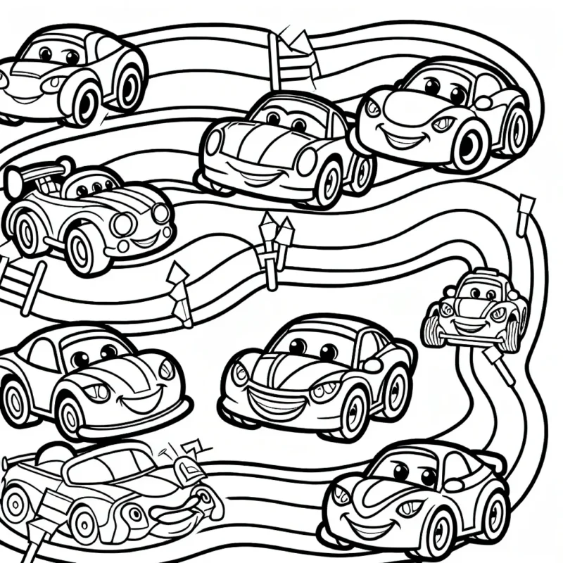 Dessinez une course de voitures animées avec des expressions faciales sur une piste colorée en zigzag