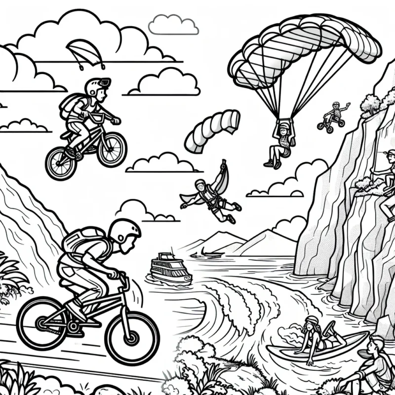 Un groupe de jeunes aventuriers fait du BMX sur des collines rocheuses, un autre fait du parachute depuis un hélicoptère au-dessus, pendant qu'une athlète fait du surf sur une grosse vague à proximité. Sur la terre ferme, quelques amis sont en pleine escalade de montagne.