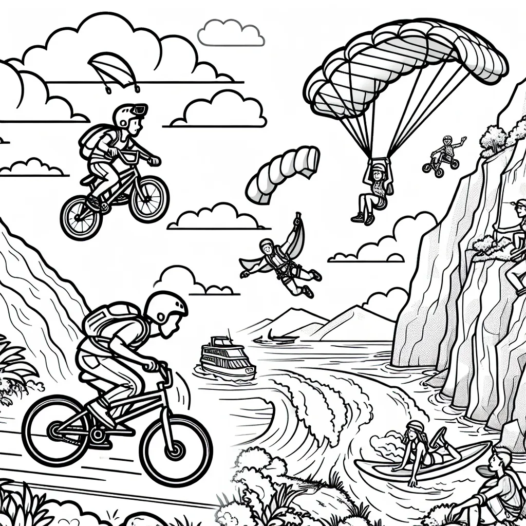 Un groupe de jeunes aventuriers fait du BMX sur des collines rocheuses, un autre fait du parachute depuis un hélicoptère au-dessus, pendant qu'une athlète fait du surf sur une grosse vague à proximité. Sur la terre ferme, quelques amis sont en pleine escalade de montagne.