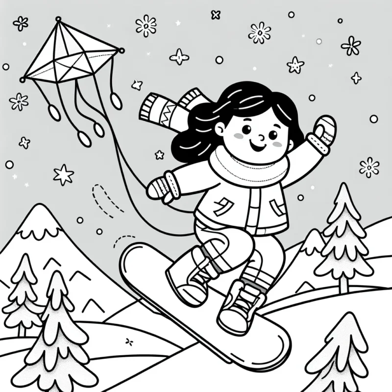 Dessine un enfant en train de faire du snowboard en sautant dans les airs sur une montagne enneigée, avec un cerf volant qui plane en haut dans le ciel étoilé.