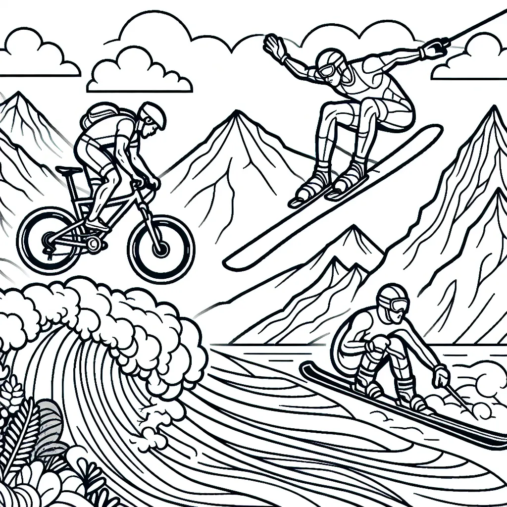 Dessine un cycliste en plein saut de montagne, un surfeur affrontant de hautes vagues et un skieur slalomant à grande vitesse.