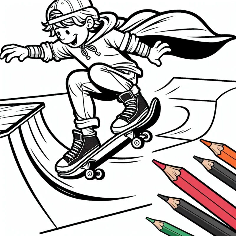 Fais éclater ton amour pour les sports extrêmes en coloriant une scène passionnante d'un skateboarder exécutant une figure audacieuse sur une demi-lune!