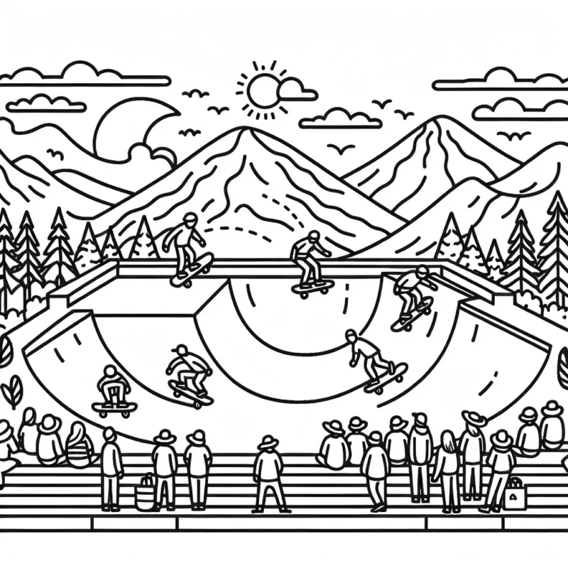 Dessine un parc de skate sur une montagne avec des skaters dévalant les rampes et des spectateurs émerveillés.